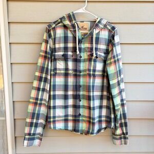 Hollister Mens Hooded Plaid Button Down Shirt Shacket Large Long Sleeve